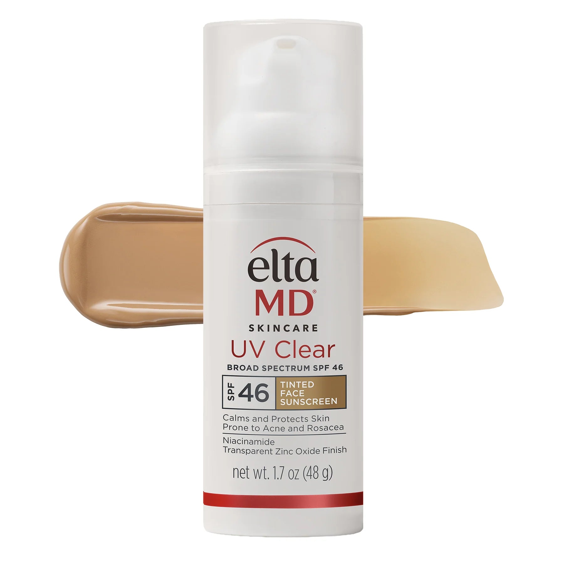 Bottle of EltaMD UV Clear Tinted Broad Spectrum SPF 46 for acne-prone skin on white background with swatch of tinted lightweight sunscreen behind it. 
