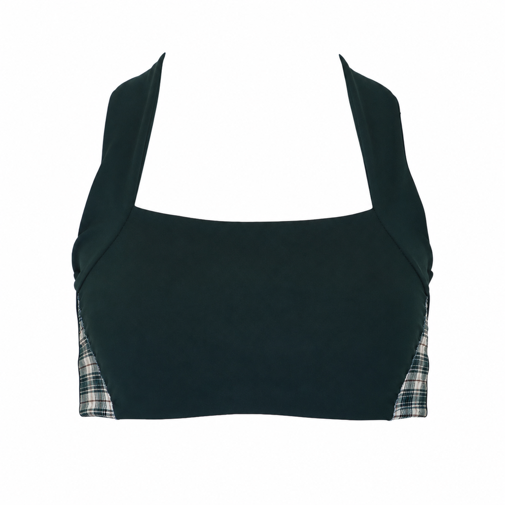 Front view of the Be Fit x Glee botanic green Elysian Garden Sports Bra with a square neckline, wide straps and plaid side panels.