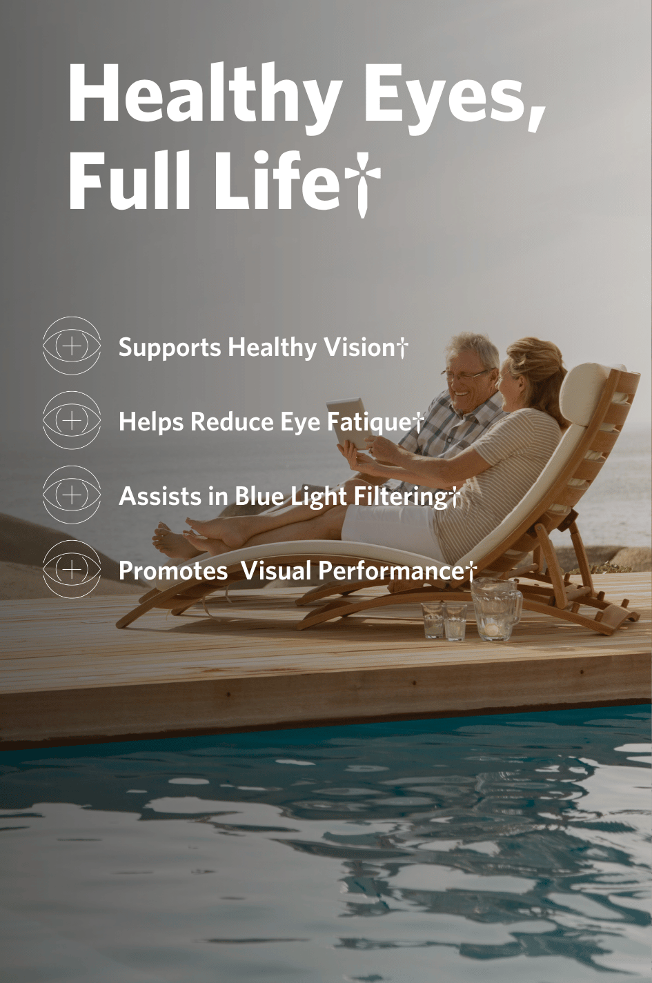 Two people sitting by a pool with text about Cooper Complete Eye Health benefits.