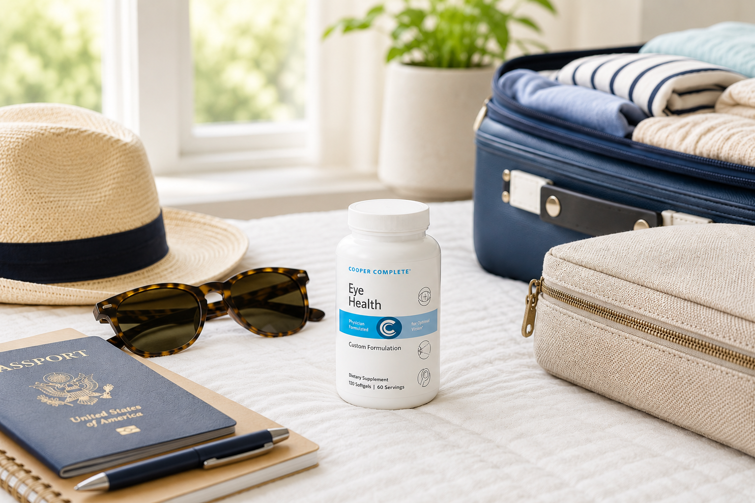 A bottle of Cooper Complete Eye Health supplements sits on a white bed surrounded by a blue suitcase full of clothes, a straw hat, sunglasses, a passport, and a zip case.