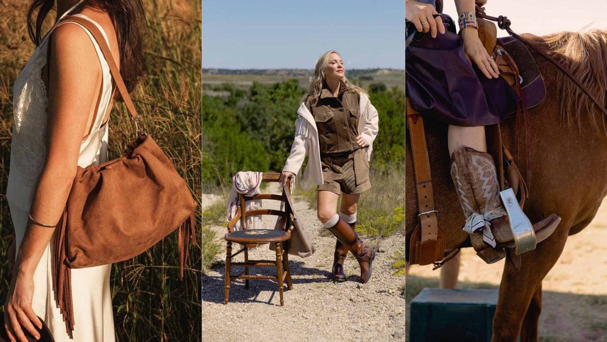 Fashion collage featuring a Louenhide brown fringe handbag, a matching Be Fit brown jacket and shorts styled with a cream jacket, and cowboy boots with a scarf detail on horseback.