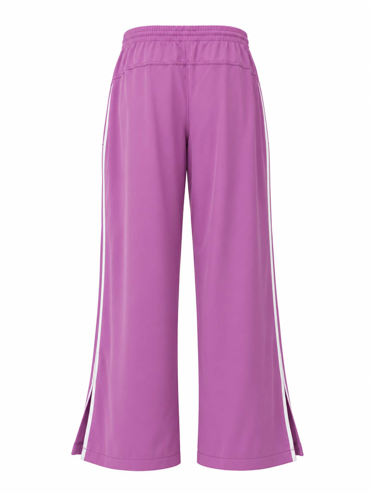 Back view of Be Fit women's Finish Line Track Pants in Mulberry with sporty white stripe detailing. 