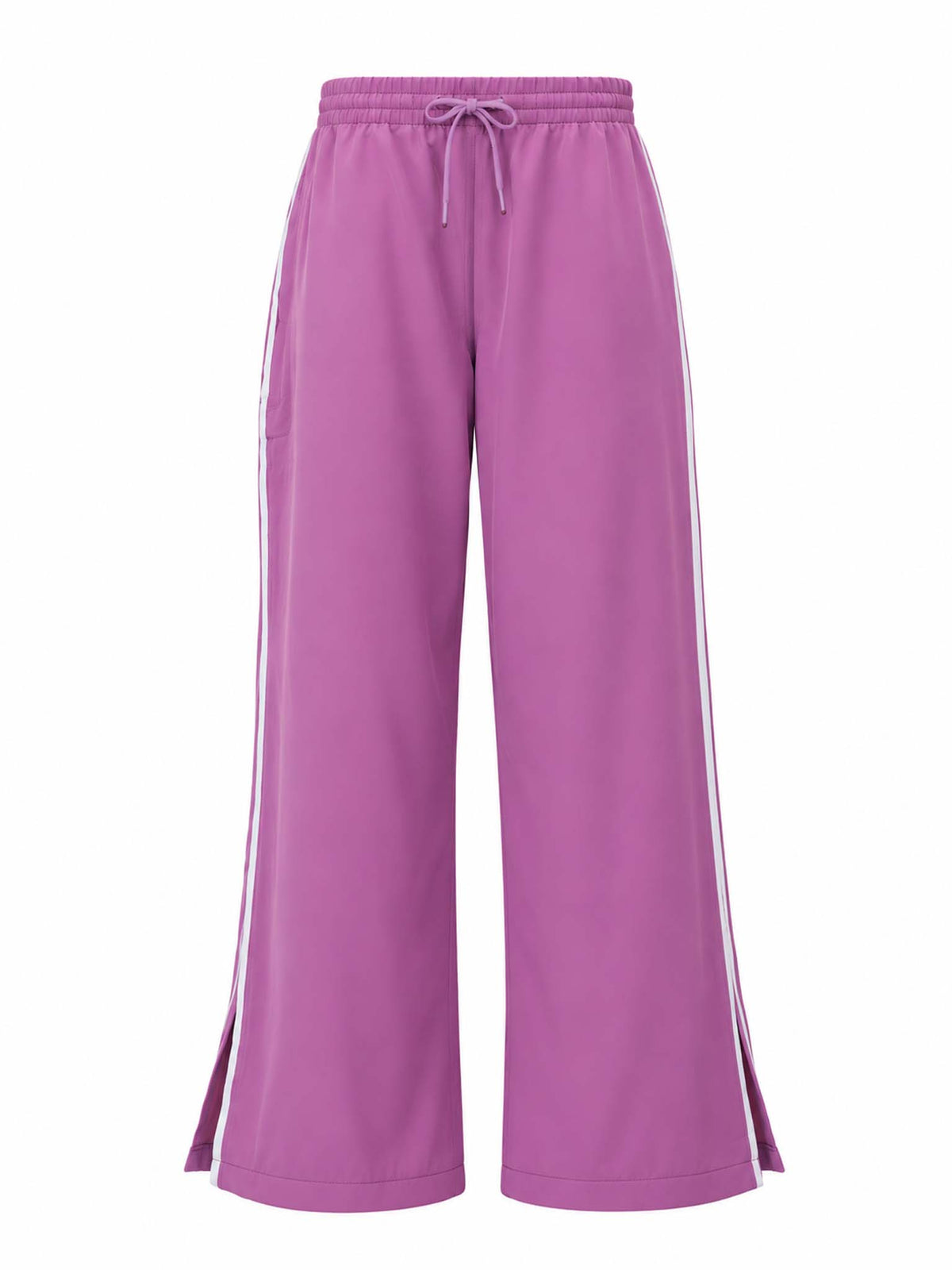Front view of Be Fit women's Finish Line Track Pants in Mulberry with sporty white stripe detailing. 
