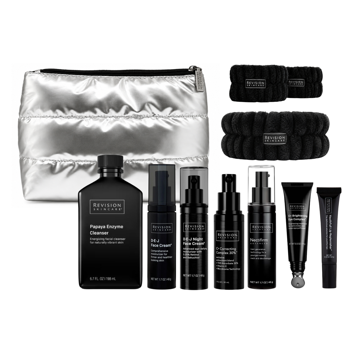 Full size Revision Skincare Ritual Set including Papaya Enzyme Cleanser, DEJ Face Cream, DEJ Night Face Cream, C+ Correcting Complex 30%, Nectifirm Advanced, C+ Brightening Eye Complex, Youthfull Lip Replenisher, Silver Puffy Makeup Bag, Headband, and Wrist Bands.