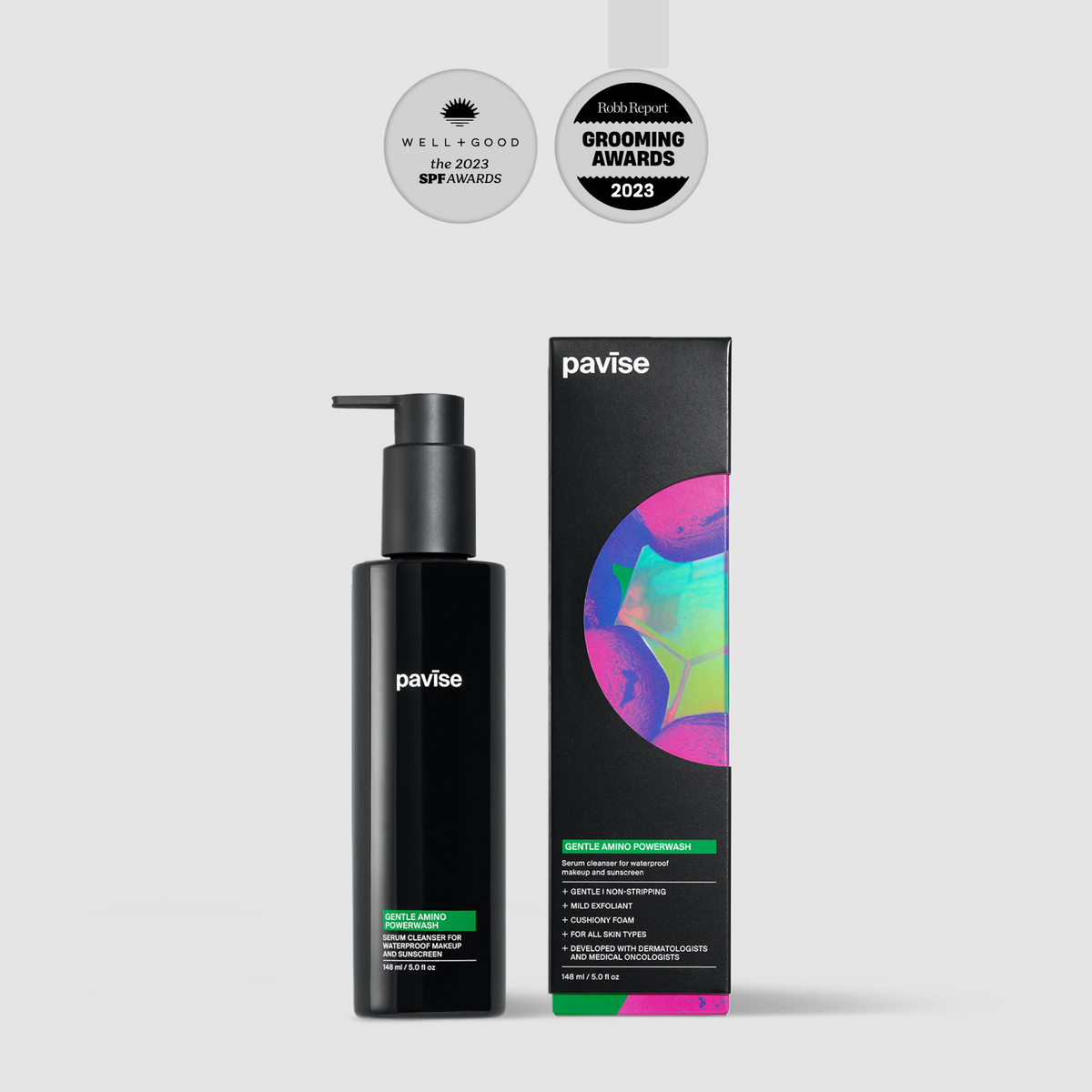 A black bottle of Pavise Gentle Amino Powerwash serum cleanser for waterproof makeup and sunscreen, 5 fl oz.