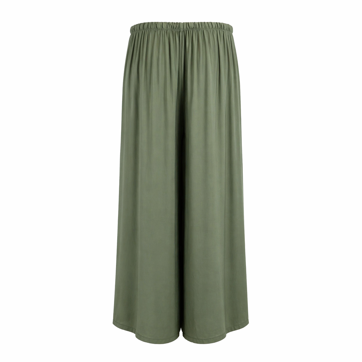 Be Fit Silky Wide Leg Pant in Army Green on a white background, back view.