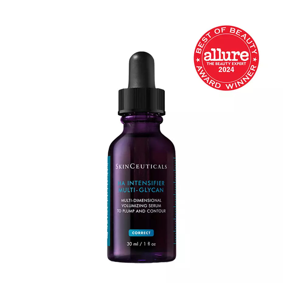 SkinCeuticals Hyaluronic Acid Intensifier Multi-Glycan serum in a dark purple glass dropper bottle with a black cap.