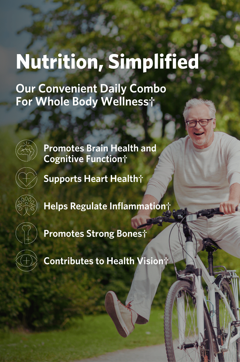 Man riding a bike with text about the health benefits of Cooper Complete Healthy Body Pack supplements.