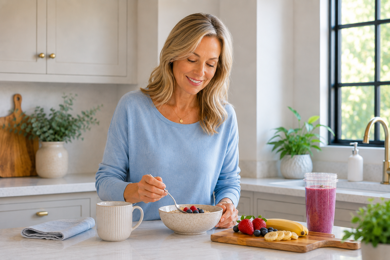 A woman with blonde hair wearing a light blue sweater is smiling while eating from a bowl in a bright, modern kitchen. On the counter in front of her are a white mug, a glass of pink smoothie, and fresh fruits on a wooden cutting board.
