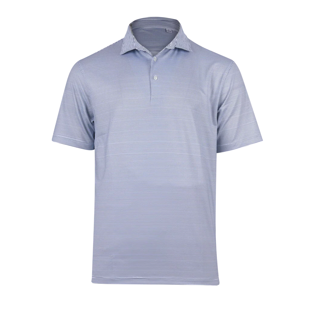 Front view of the Be Fit men's Owners Stripe Polo in White / Navy. 