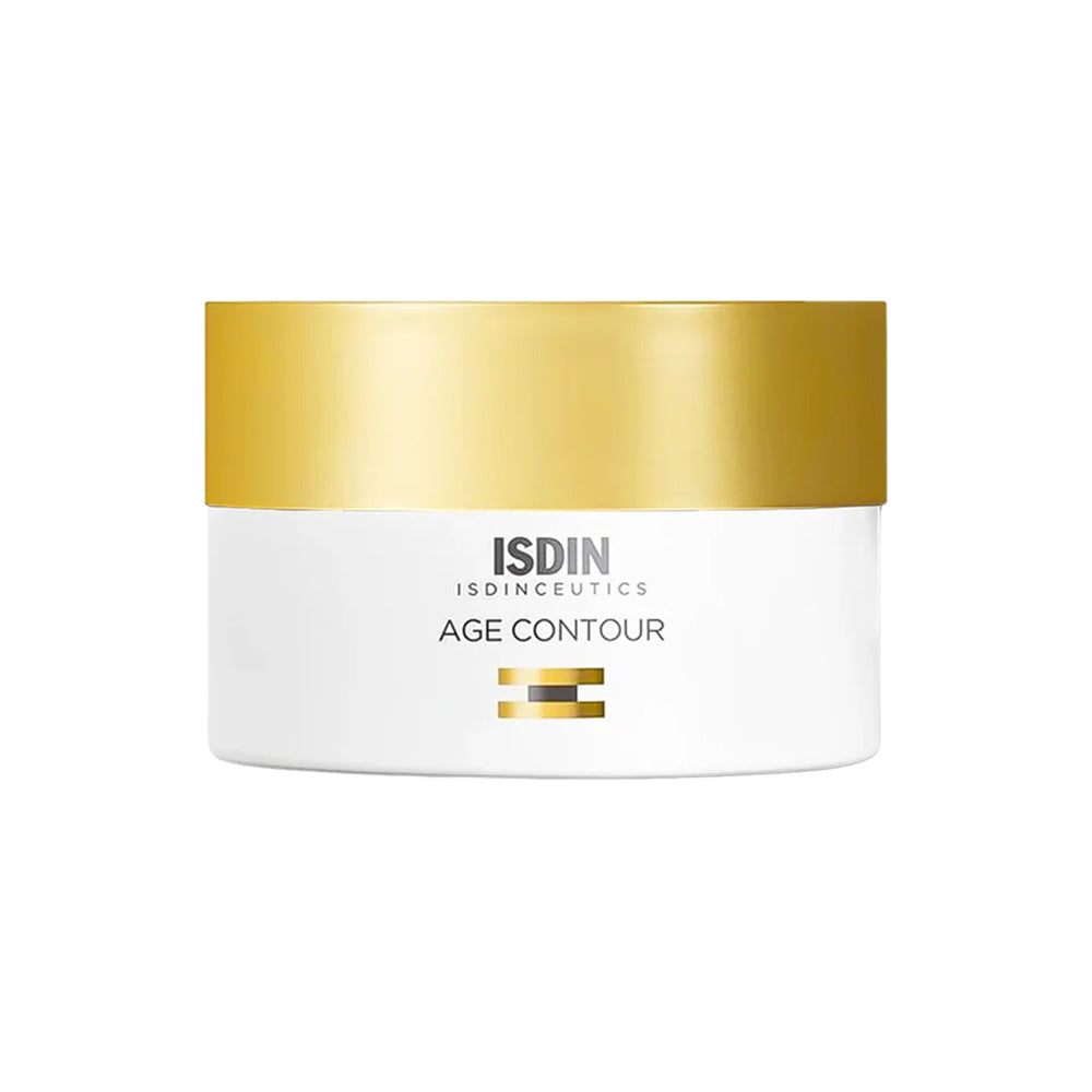 A white container with a gold lid of ISDIN ISDINCEUTICS Age Contour. 