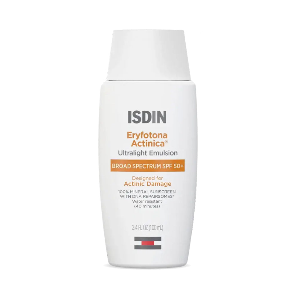 A white bottle of ISDIN Eryfotona Actinica Ultralight Emulsion with broad spectrum SPF 50 mineral sunscreen, designed for actinic damage with DNA Repairsomes, 3.4 fl oz.