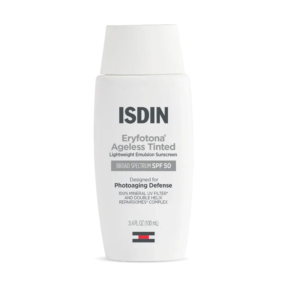 A white bottle of ISDIN Eryfotona Ageless Tinted Lightweight Emulsion Brand Spectrum SPF 50 Mineral Sunscreen, 3.4 fl oz.