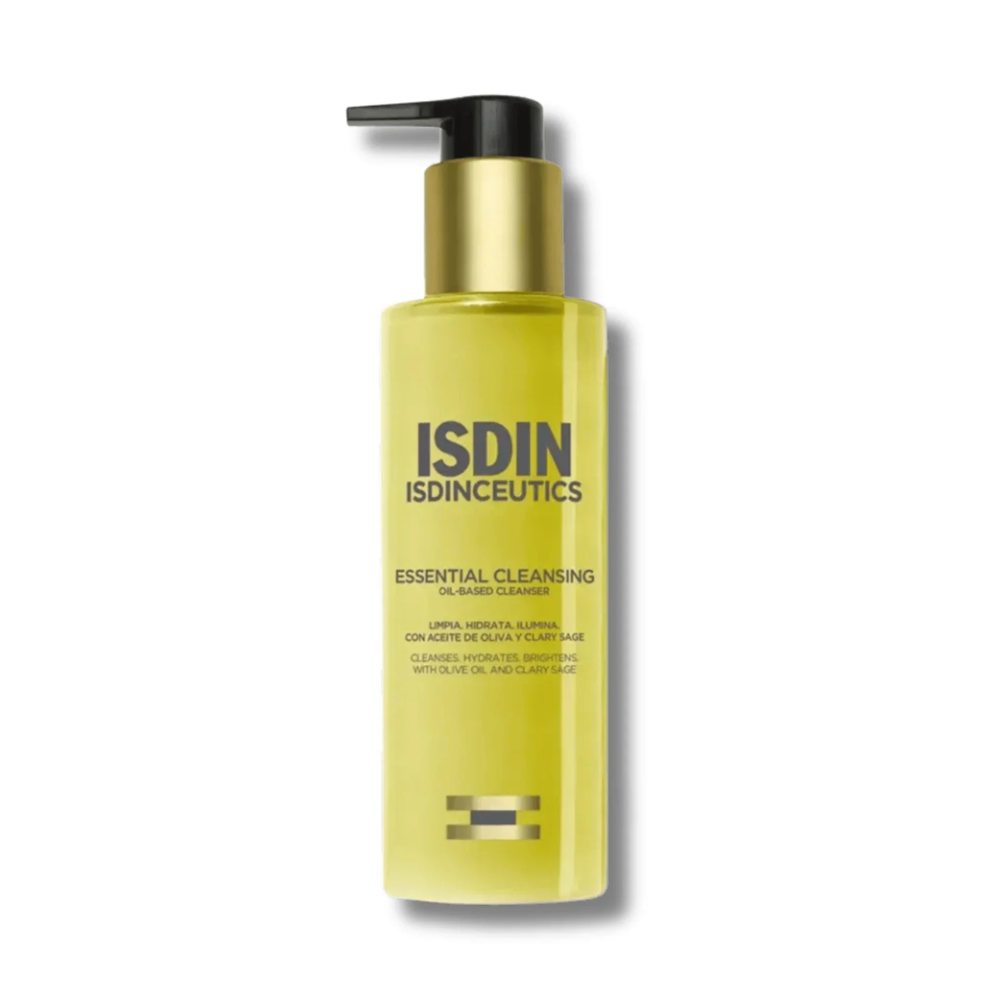 A yellow pump bottle of ISDIN ISDINCEUTICS Essential Cleansing Oil-Based Cleanser to clean, hydrate, and brighten with olive oil and clary sage.