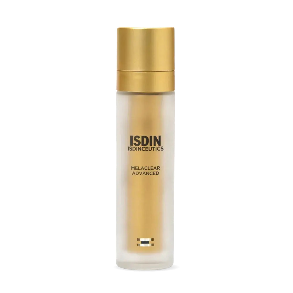 A gold bottle of ISDIN ISDINCEUTICS Melaclear Advanced.