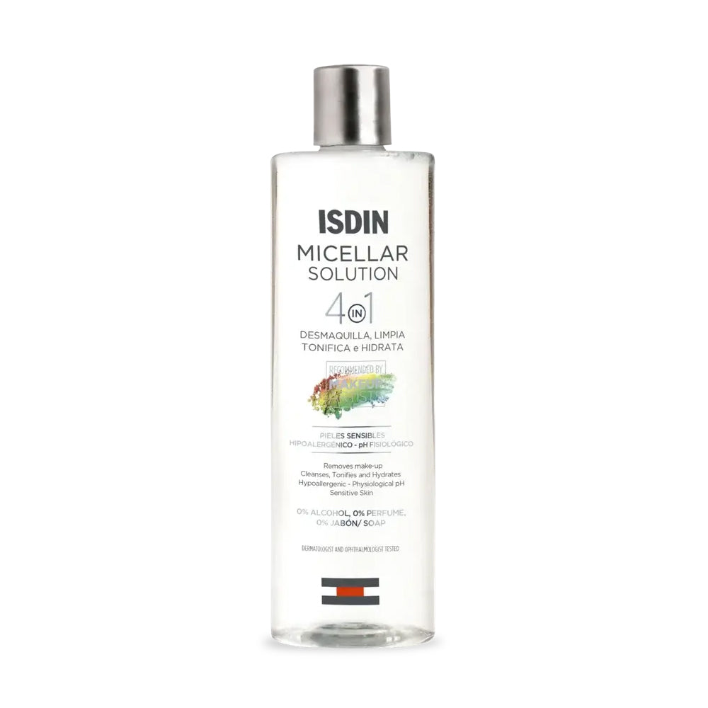 A clear bottle of ISDIN 4 in 1 Micellar Solution to remove makeup, cleanse, tonify, and hydrate for sensitive skin.
