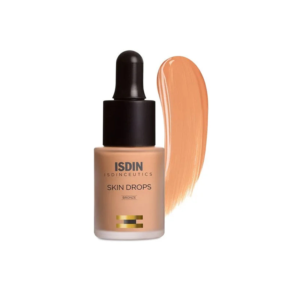 A tan colored dropper bottle of ISDIN ISDINCEUTICS Skin Drops in the shade Bronze.