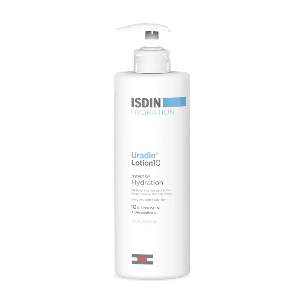A white pump bottle of ISDIN Hydration Uradin Lotion10 intense hydration, helps relieve skin tightness, 13.5 fl oz.