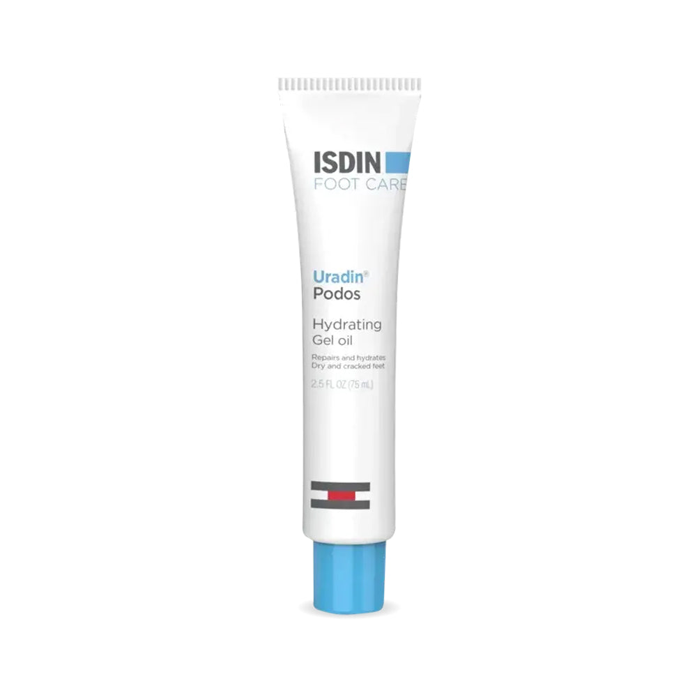A white squeeze tube of ISDIN Foot Care Uradin Podos Hydrating Gel Oil to repair and hydrate dry and cracked feet, 2.5 fl oz.