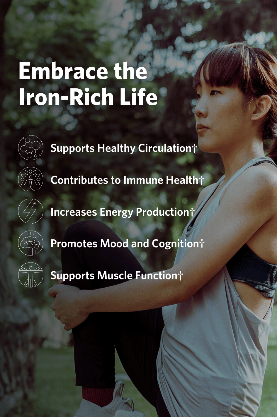 Woman exercising outdoors with text about Cooper Complete Iron Bisglycinate benefits.