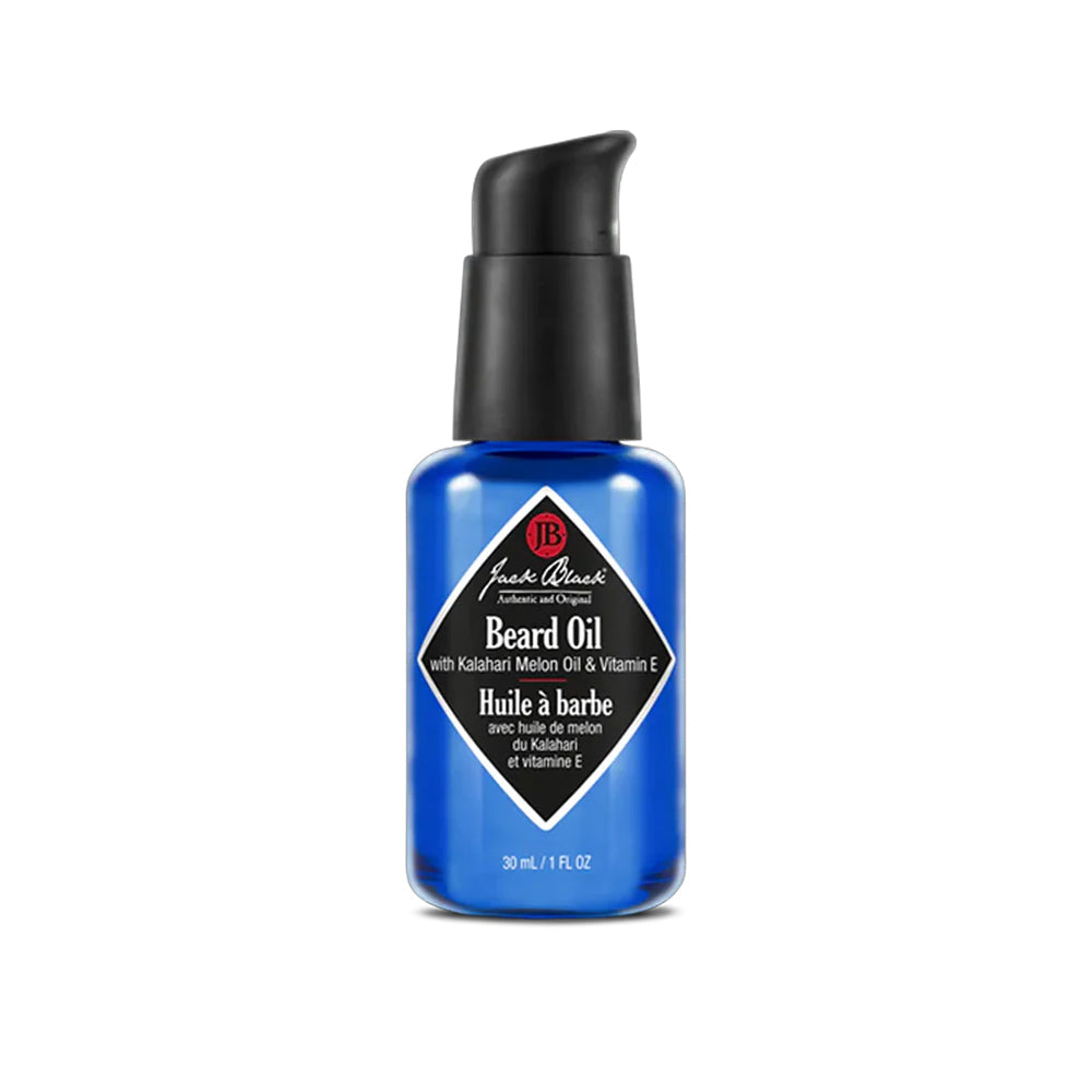 A blue dispenser pump bottle of Jack Black Bear Oil with Kalahari melon oil and vitamin E, 1 fl oz. 