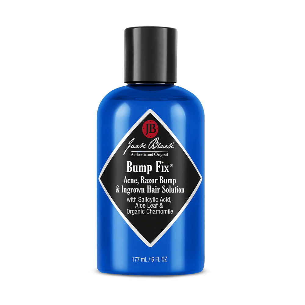 A blue bottle of Jack Black Bump Fix Solution with salicylic acid, aloe leaf, and organic chamomile for acne, razor bumps, and ingrown hairs, 6 fl oz. 