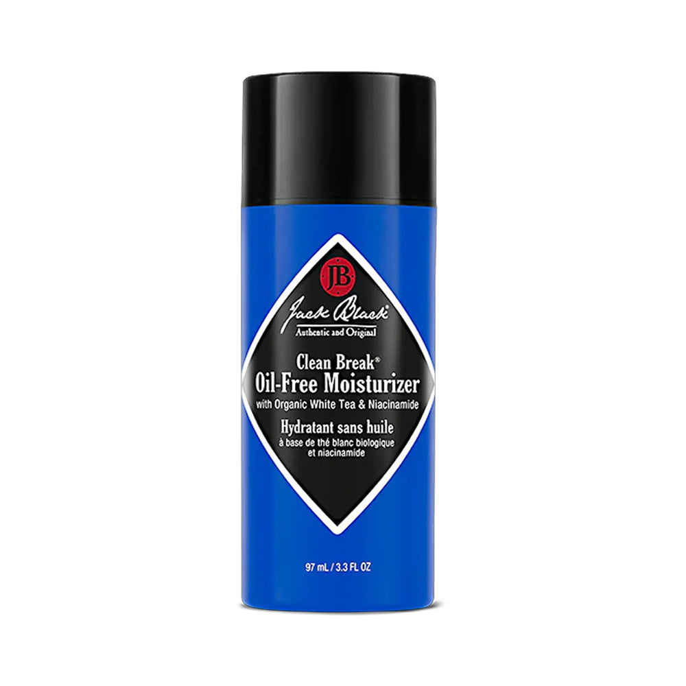 Blue bottle with black lid, Jack Black Clean Break Oil-Free Moisturizer with organic white tea and niacin amide, 3.3 fl oz. 