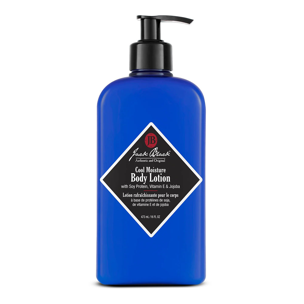 A blue pump bottle of Jack Black Cool Moisture Body Lotion with soy protein, Vitamin E, and jojoba, 16 fl oz. 