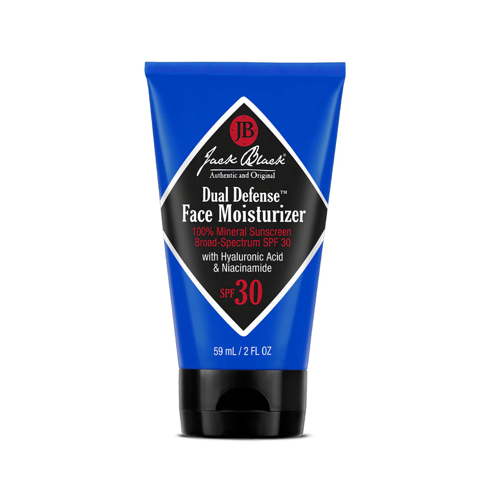 A blue squeeze tube of Jack Black Dual Defense Face Moisture with 100% mineral broad-spectrum SPF 30 sunscreen, hyaluronic acid, and niacinamide, 2 fl oz. 