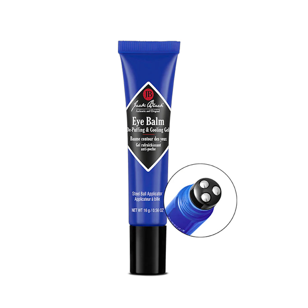 A blue tube of Jack Black De-Puffing & Cooling Gel Eye Balm with steel ball applicator, 0.56 oz. 