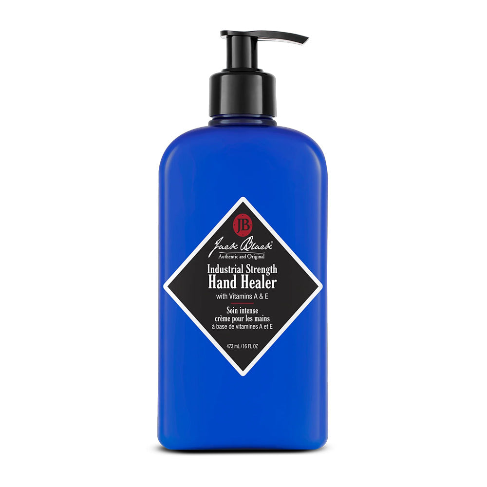 A blue pump bottle of Jack Black Industrial Strength Hand Healer with vitamins A and E, 16 fl oz. 