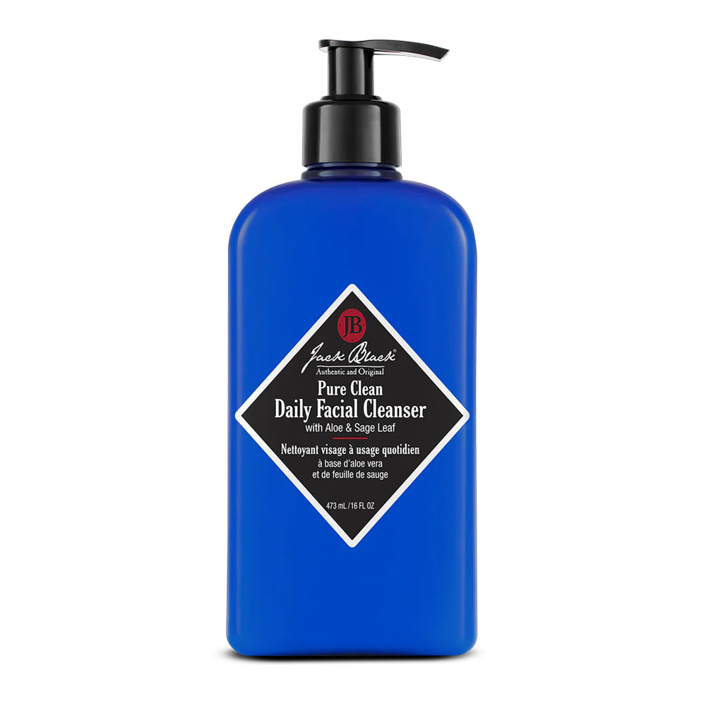 A blue pump bottle of Jack Black Pure Clean Daily Facial Cleanser with aloe and sage leaf, 16 fl oz. 