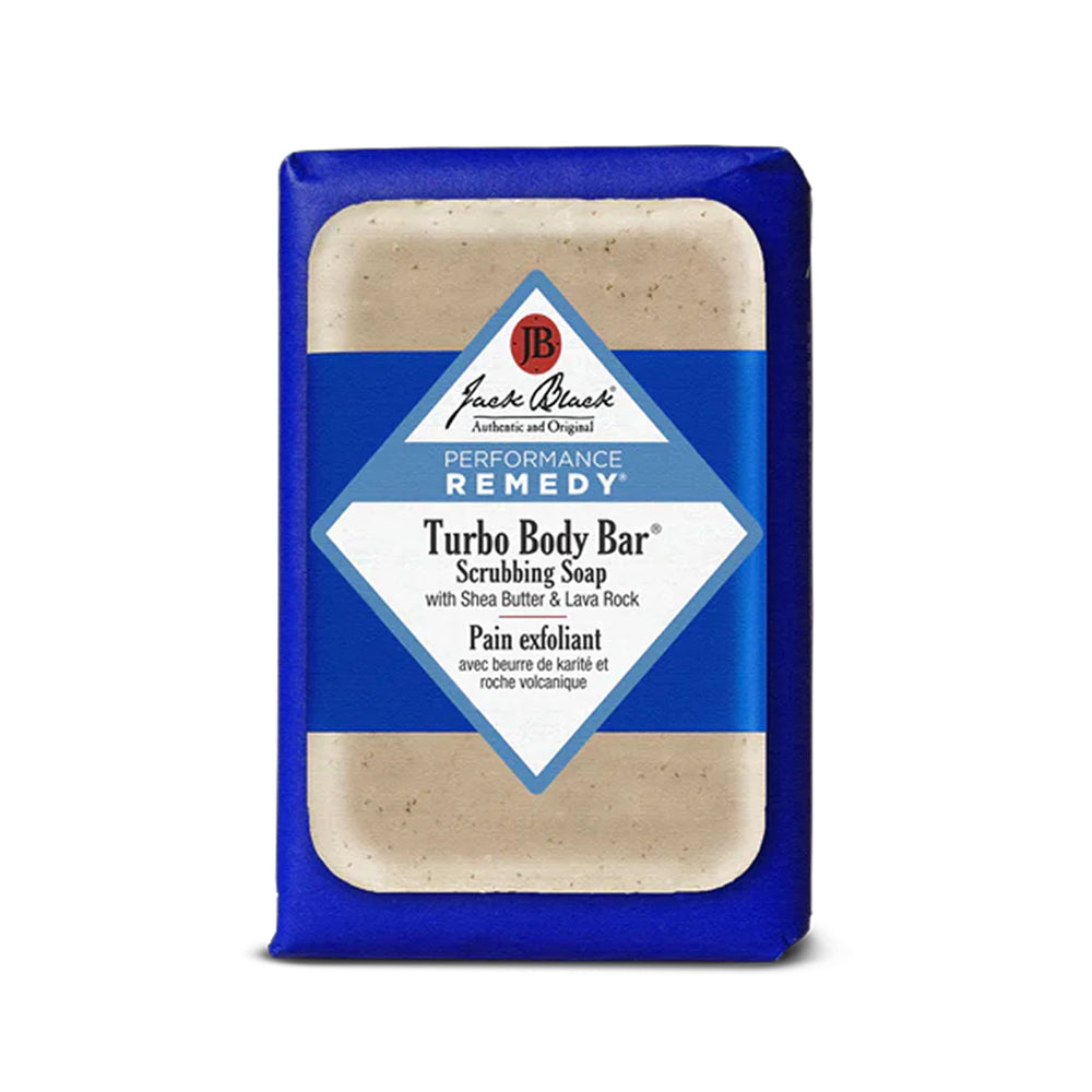 Jack Black Performance Remedy Turbo Body Bar Scrubbing Soap with shea butter and lava rock.
