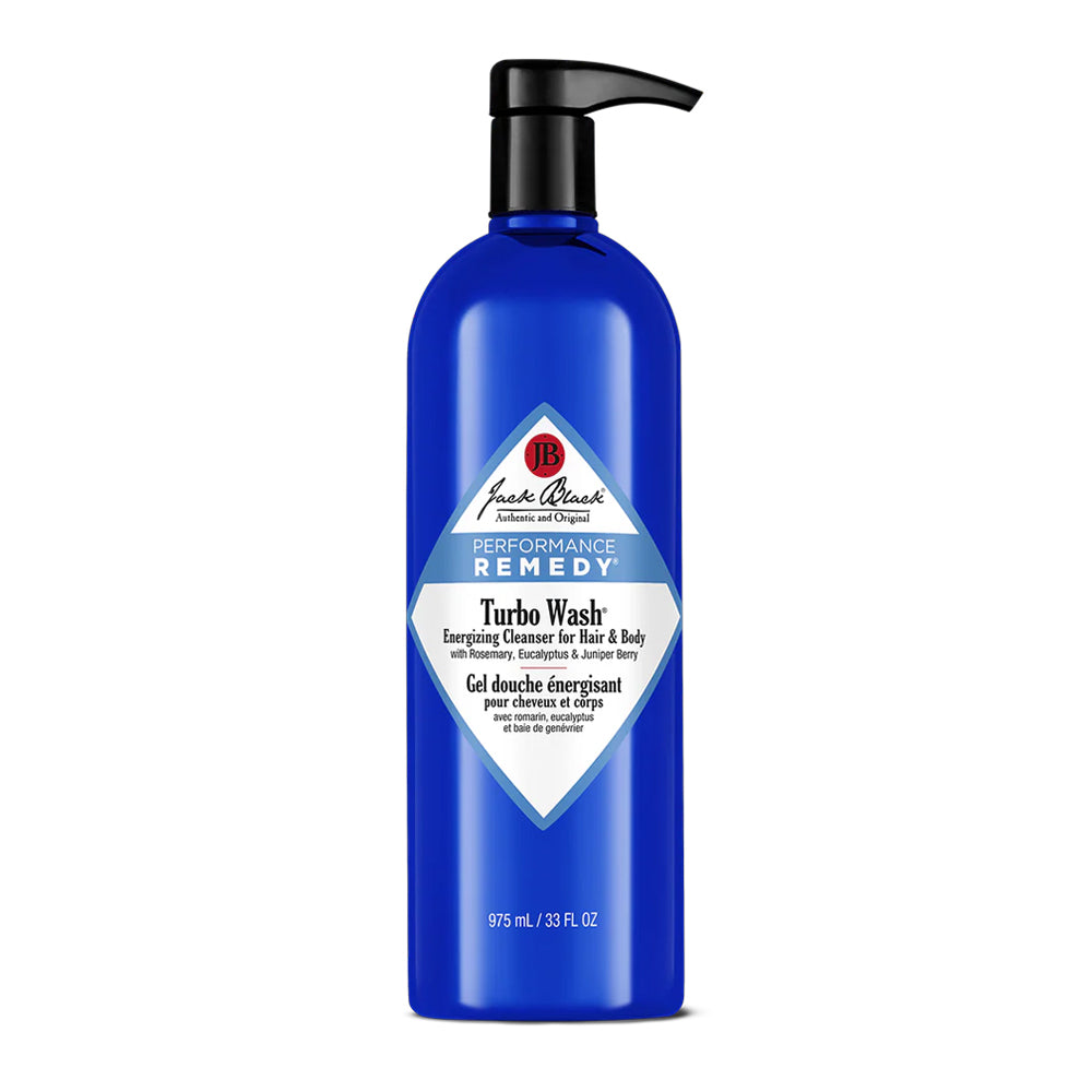 Jack Black Performance Remedy Turbo Wash energizing hair and body cleanser with rosemary, eucalyptus, and juniper berry, 33 fl oz.