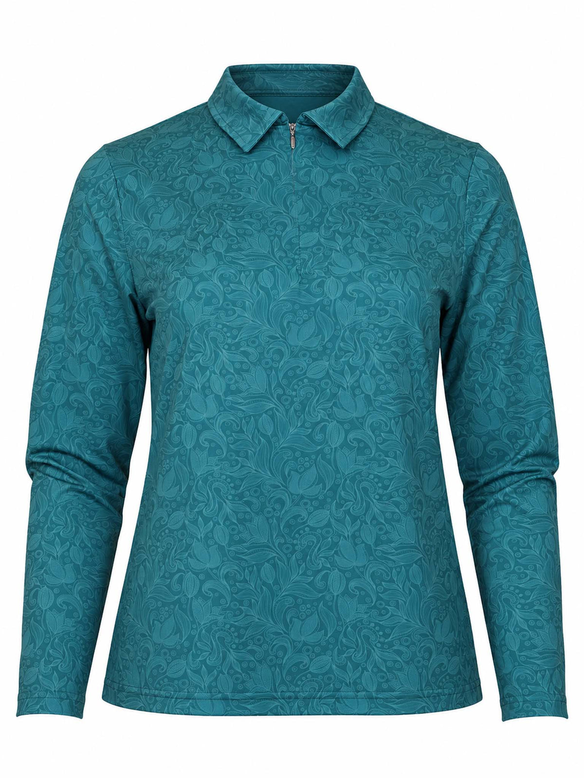 Front zipped view of the Be Fit women's Jazz Tonal Print Sunshirt in Jasper. 