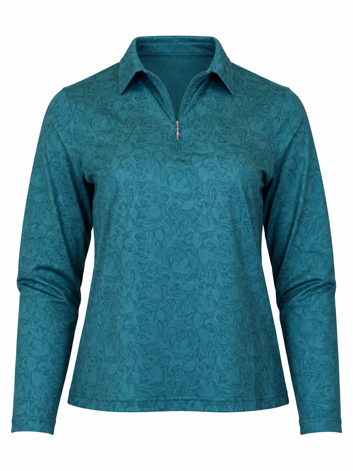 Front unzipped view of the Be Fit women's Jazz Tonal Print Sunshirt in Jasper. 