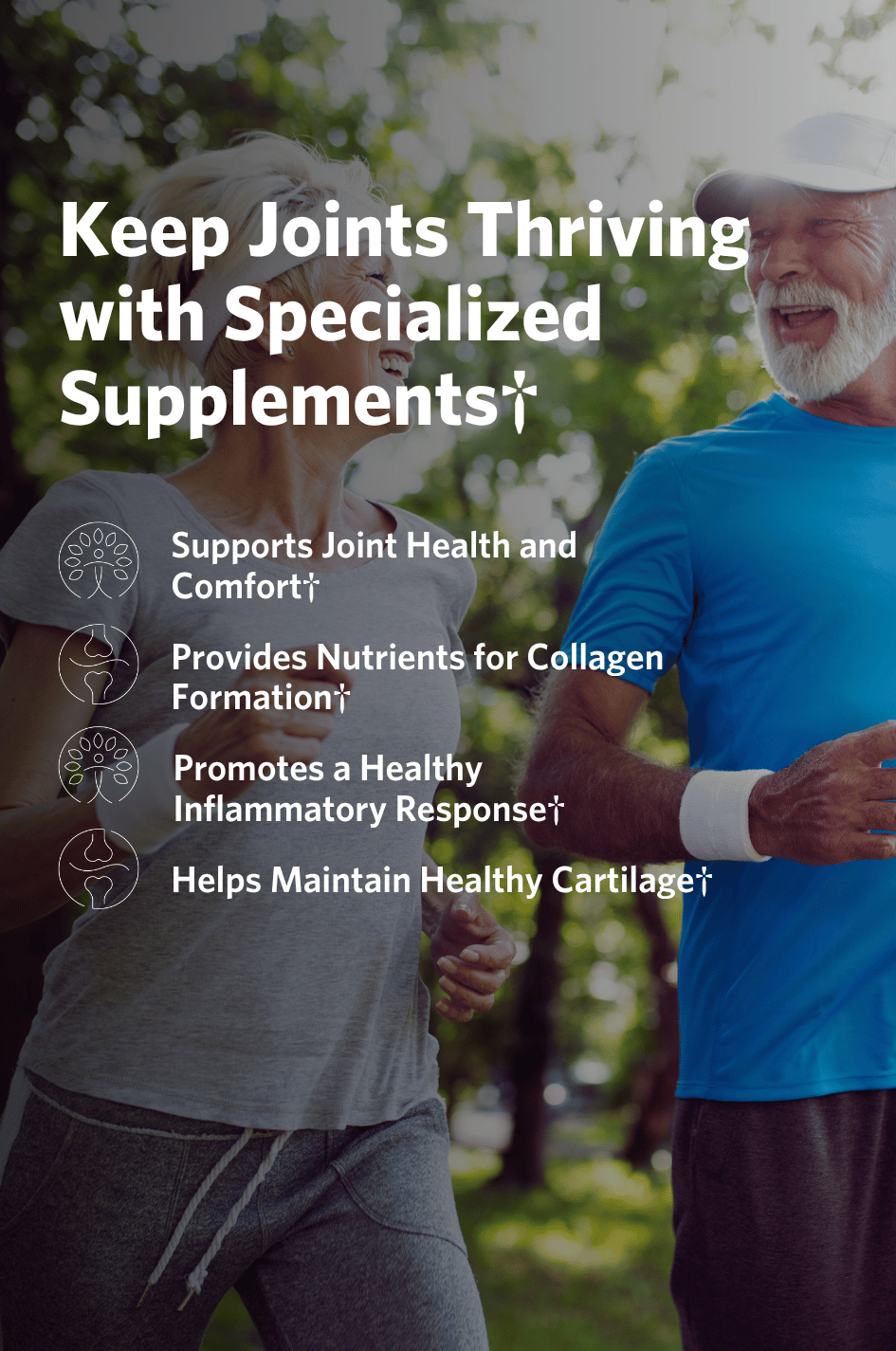 Couple running outdoors with text overlay about Cooper Complete Joint Health supplements.