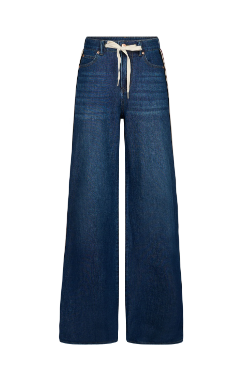 Yoga Jeans Carina High Rise blue wide-leg jeans with a high-rise waistband and cream drawstring.