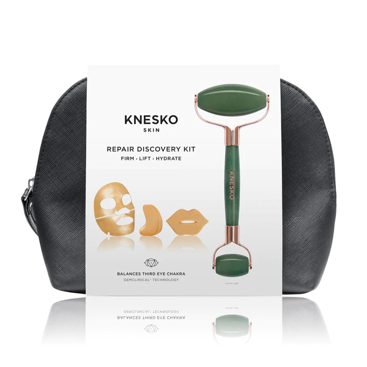 KNESKO Skin Repair Discovery Kit with hydrogel face, eye, and lip masks, jade roller, and travel pouch to firm, lift, and hydrate skin. 