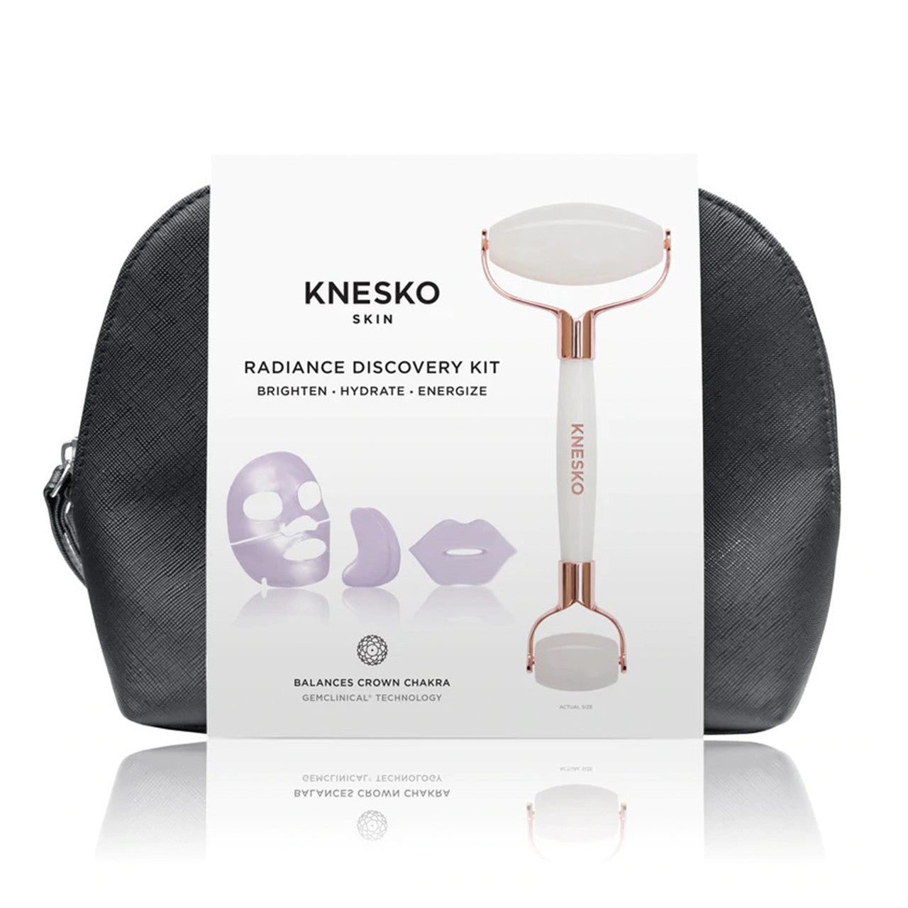 KNESKO Skin Radiance Discovery Kit with hydrogel face, eye, and lip masks, jade roller, and travel pouch to brighten, hydrate, and energize skin. 