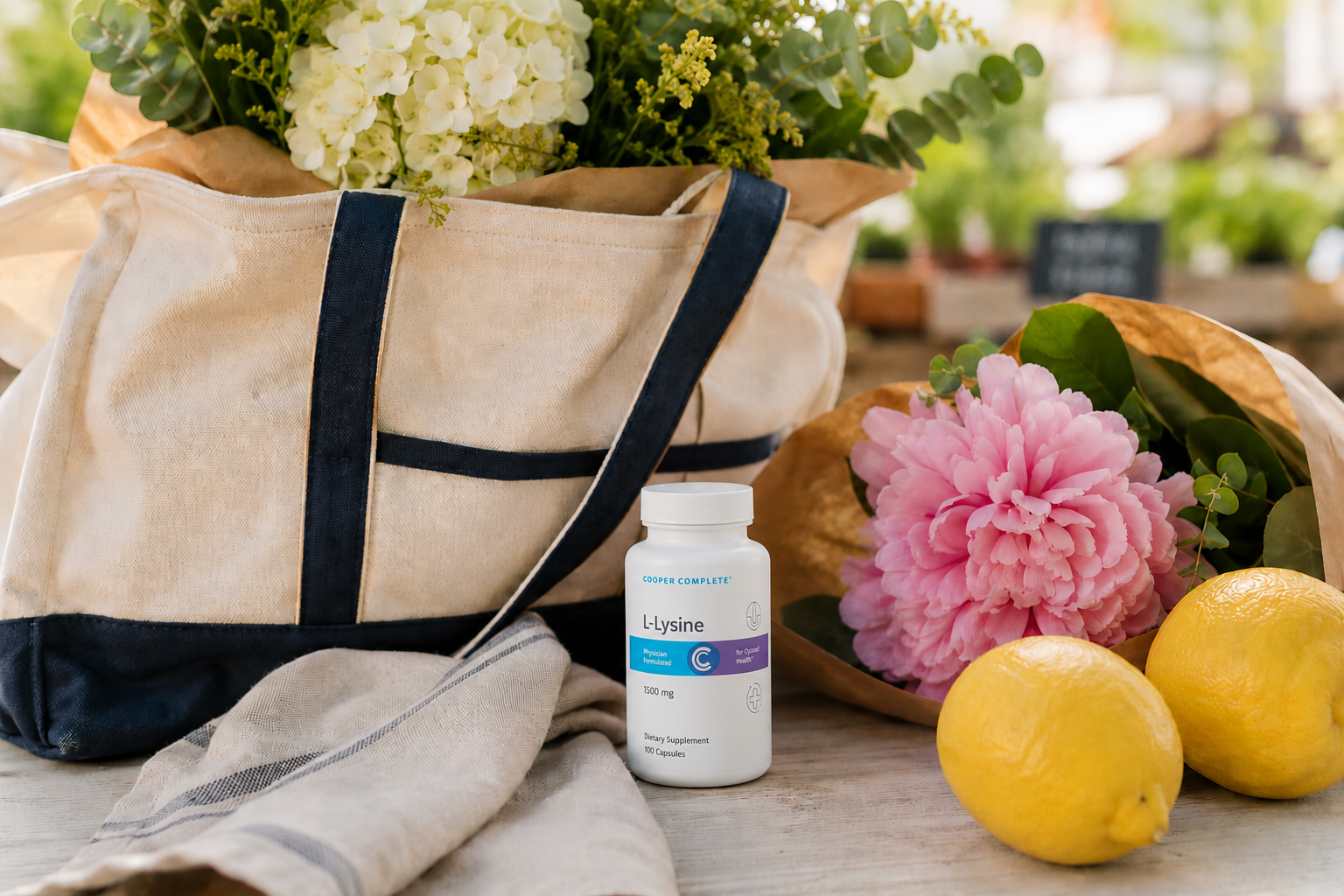 A beige canvas tote bag with navy blue trim sits on a wooden surface, styled with flowers, lemons, and a small bottle of Cooper Complete L-Lysine supplements. The background is a softly blurred outdoor garden setting.