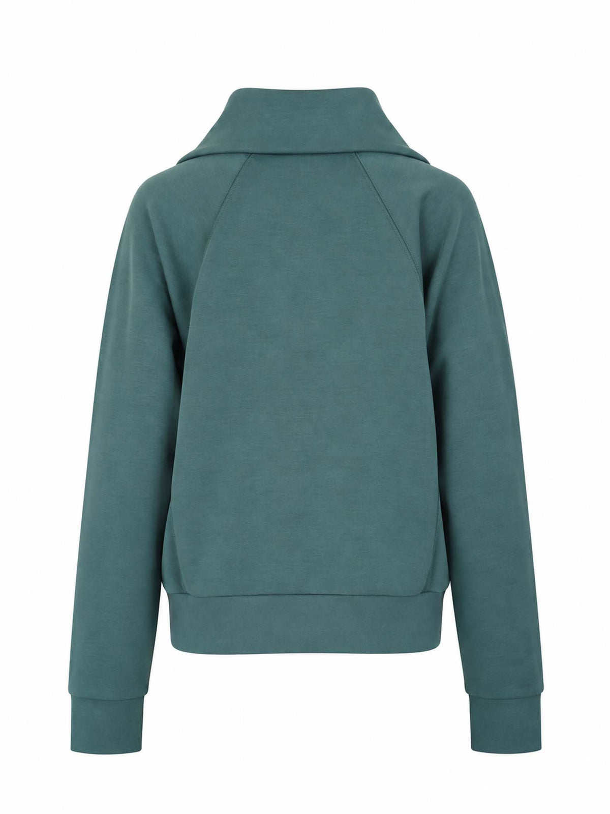 Back view of Be Fit women's Laguna Scuba Half Zip Pullover in Eldergreen.