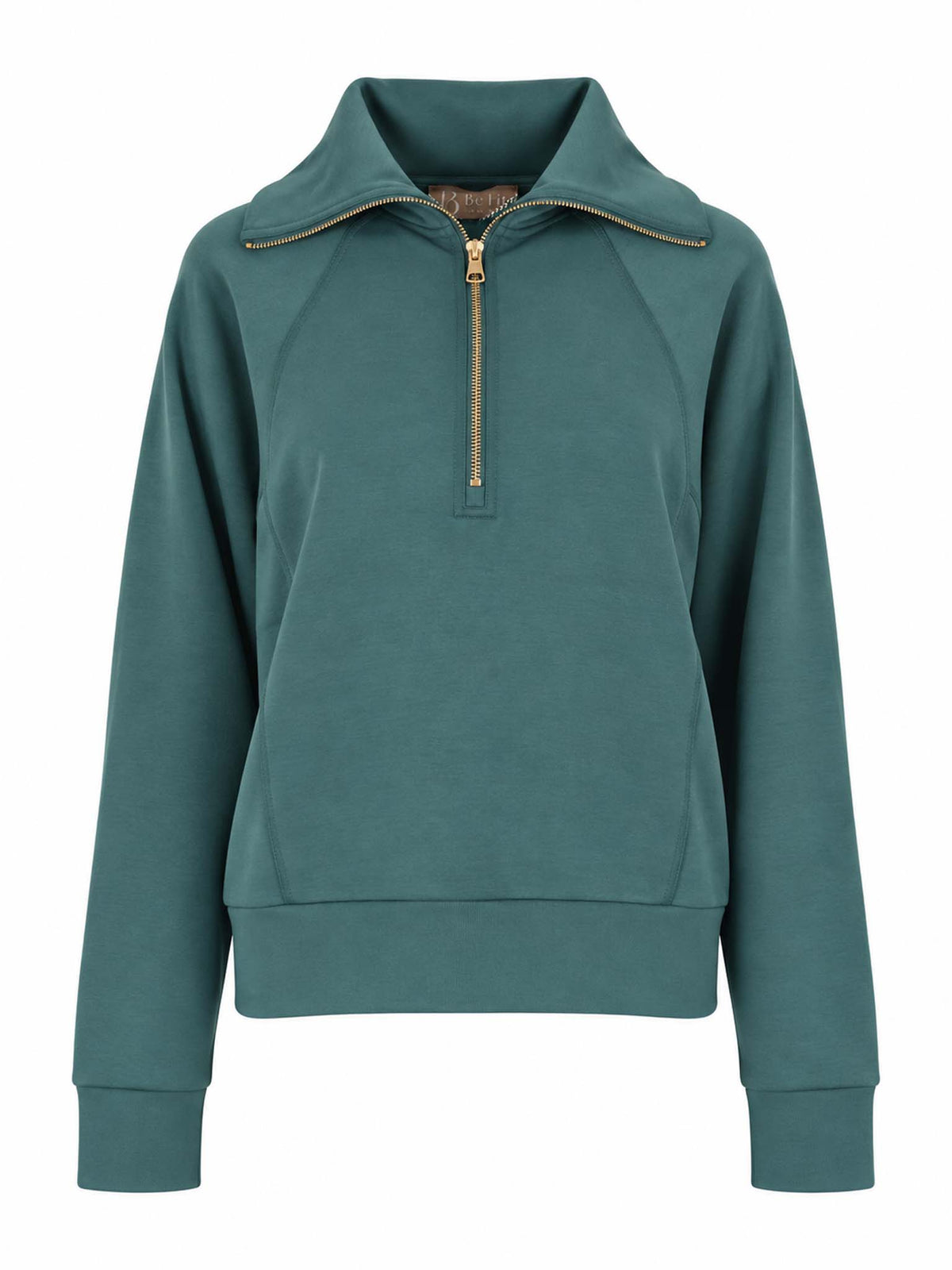 Front view of Be Fit women's Laguna Scuba Half Zip Pullover in Eldergreen.
