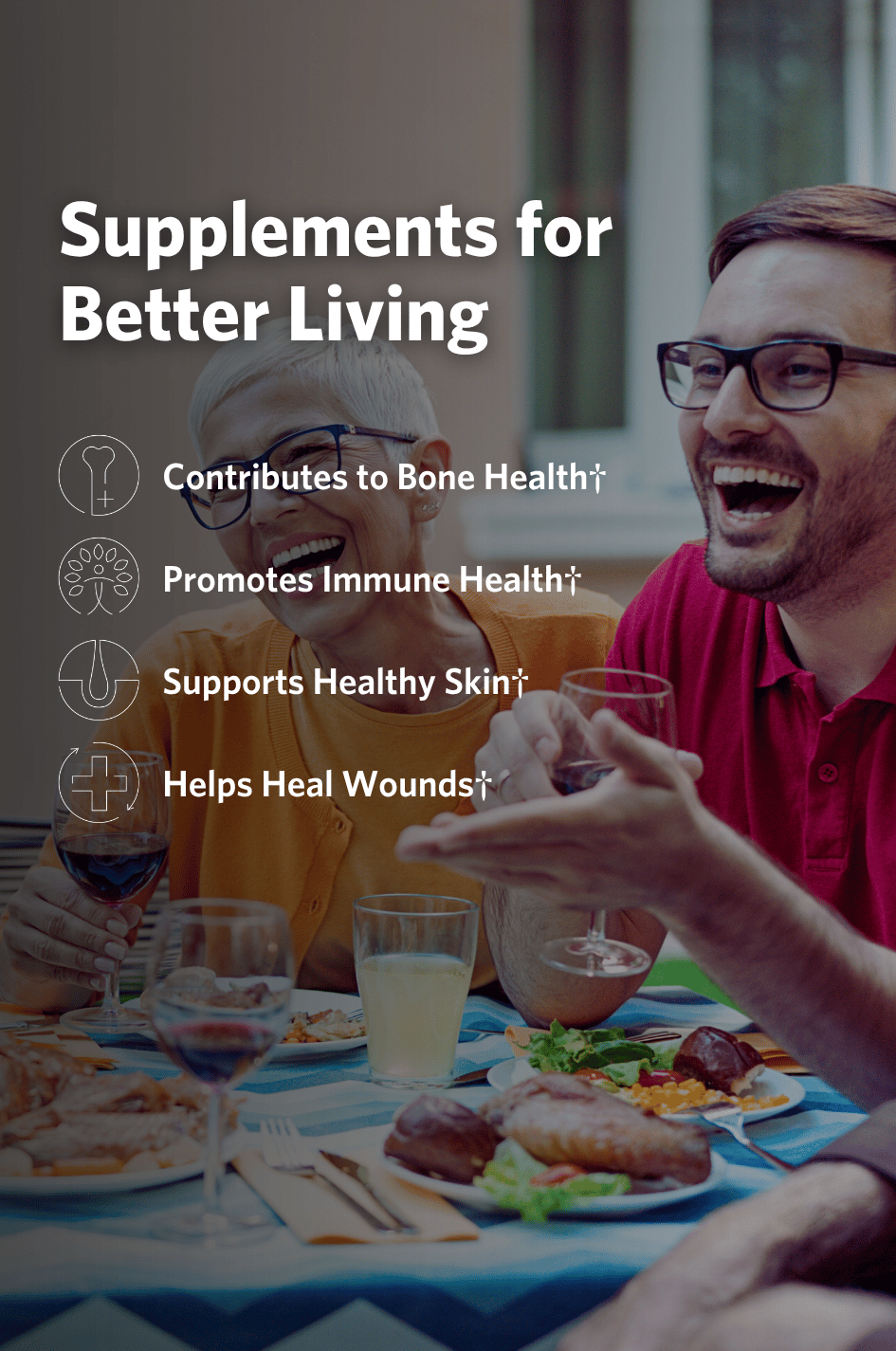 Couple enjoying dinner with friends, with text overlay about the health benefits of Cooper Complete L-Lysine supplements.