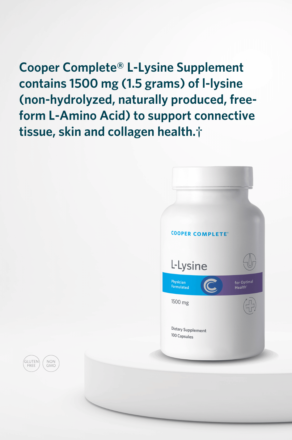 Cooper Complete L-Lysine supplement bottle with key product benefits.
