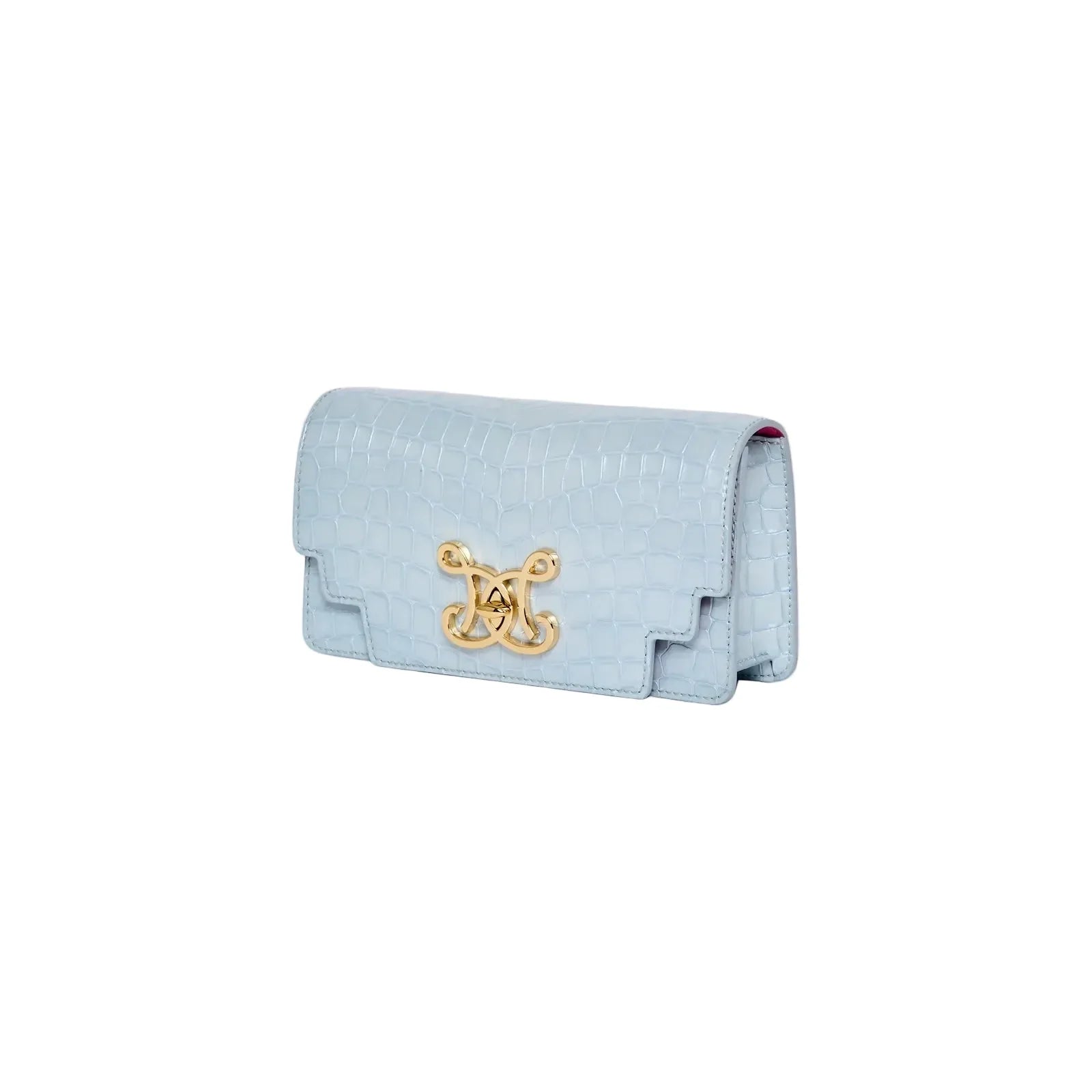Front view of the De Marquet Envelope Faux Croc shoulder bag in Blue Aura (pale ice blue), highlighting the envelope silhouette and croc-embossed texture.