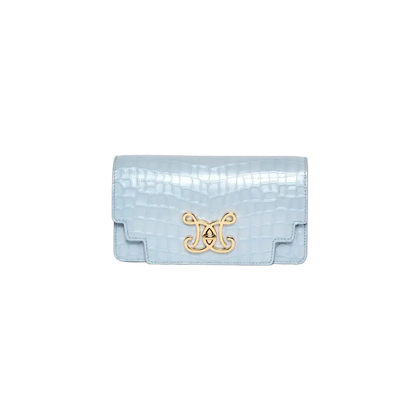 De Marquet Envelope Faux Croc shoulder bag in Blue Aura (pale ice blue) with a croc-embossed finish and gold-tone hardware.