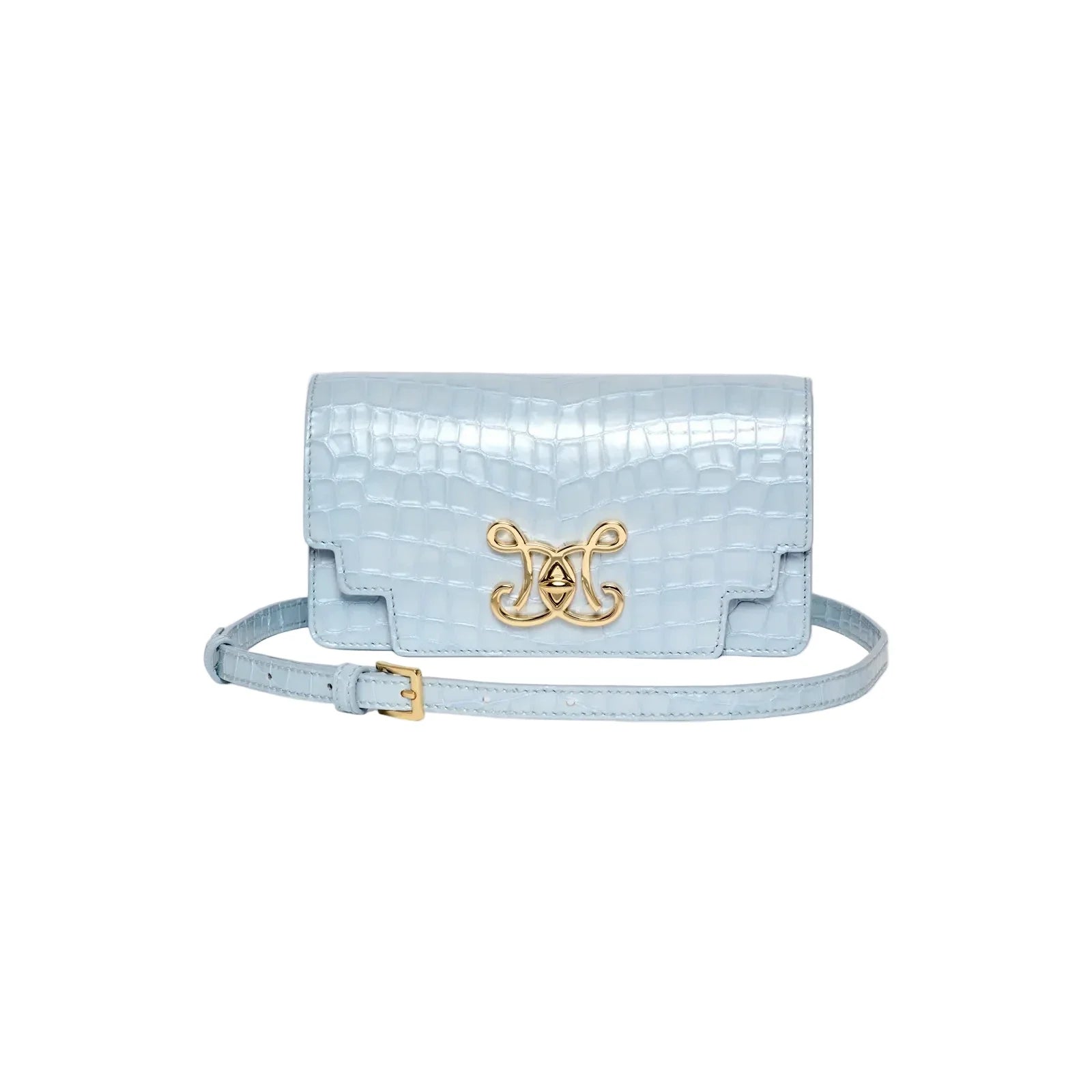 De Marquet Envelope Faux Croc shoulder bag in Blue Aura (pale ice blue) with a croc-embossed finish and gold-tone hardware.