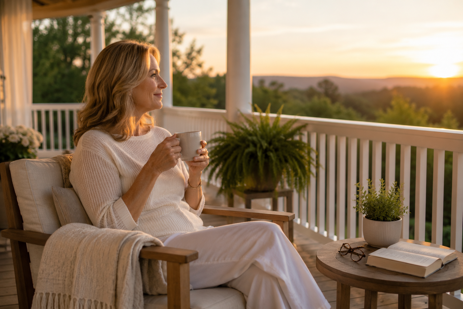 A woman in a white knit sweater and white pants sits on a porch chair holding a mug, with a warm sunset over trees in the background. A small side table with an open book and glasses is beside her.