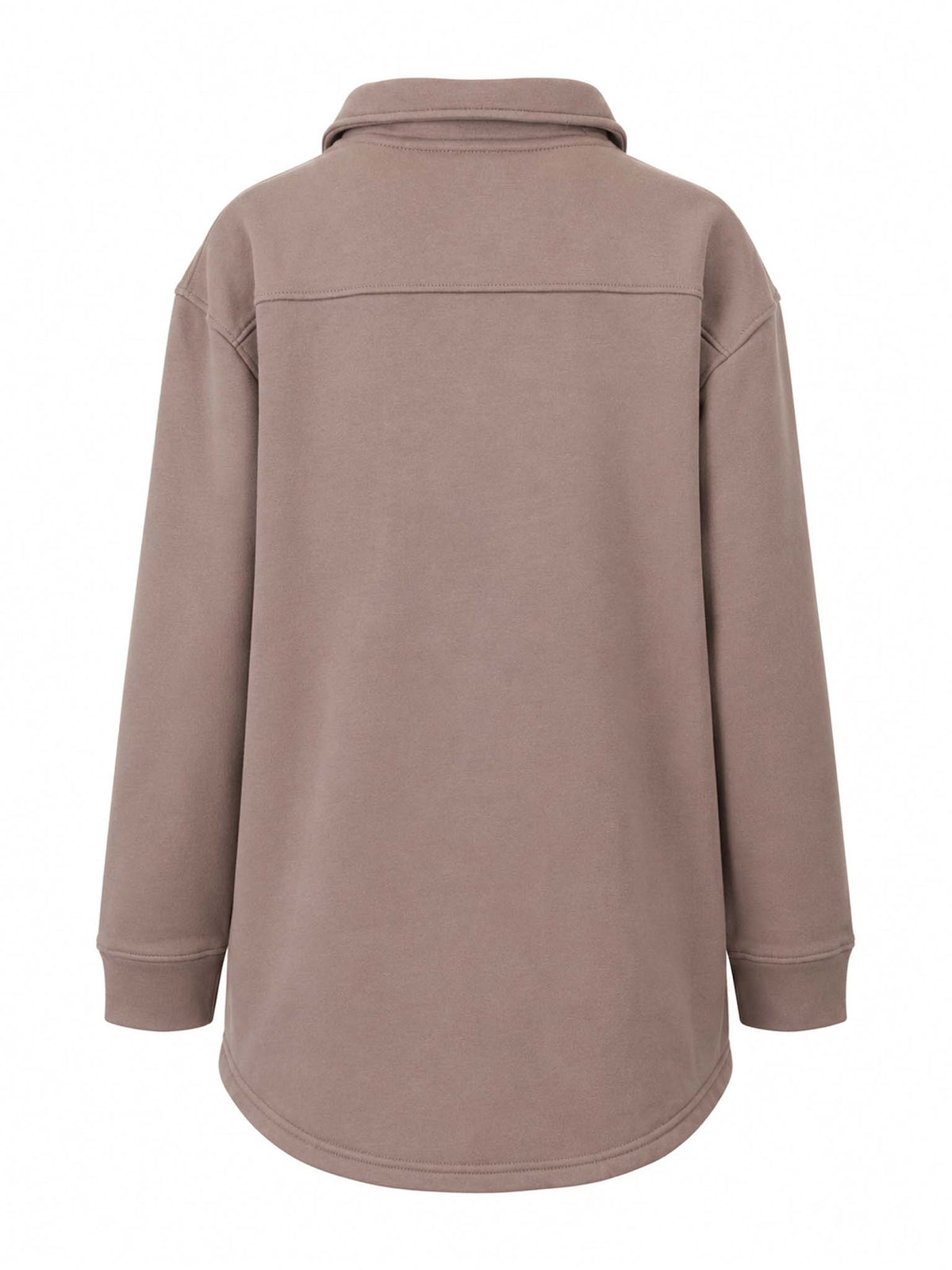 Back view of Be Fit women's Malibu Evergreen Shacket in Silken Taupe.